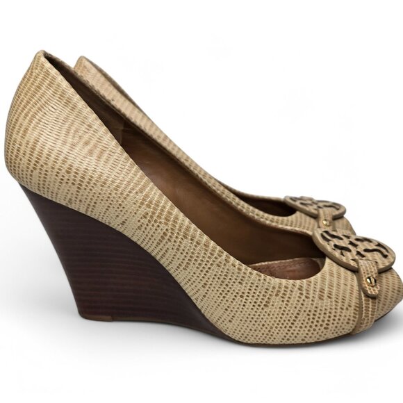 Tory Burch Amanda Wedge Heels Women's Lizard Skin Pattern Open Toe Coin Top 8.5 - Picture 5 of 11